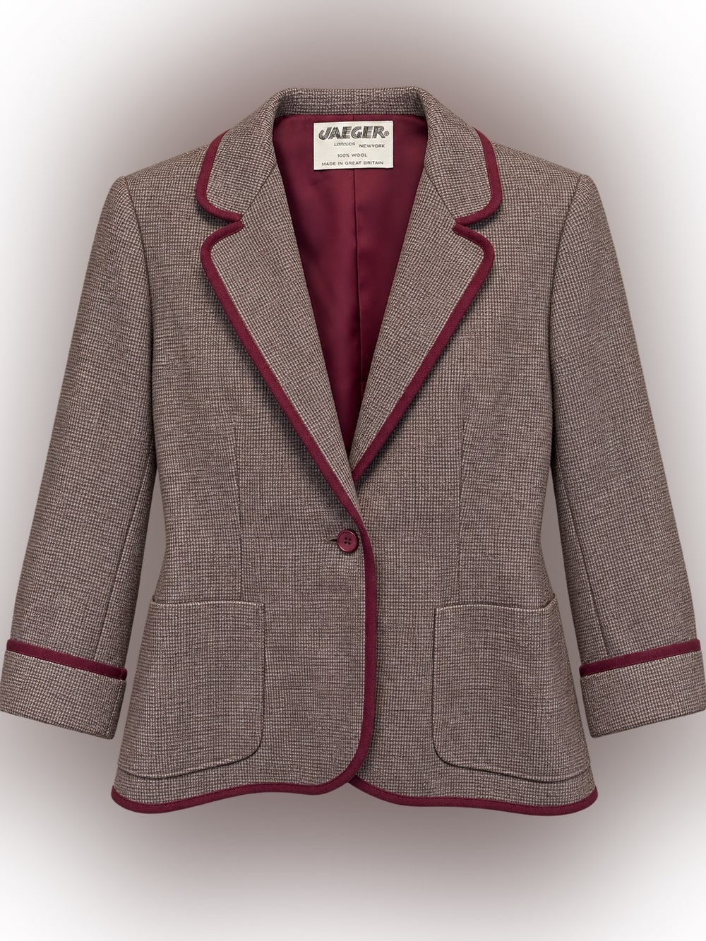 Jaeger Taupe Houndstooth Blazer with Burgundy Trim